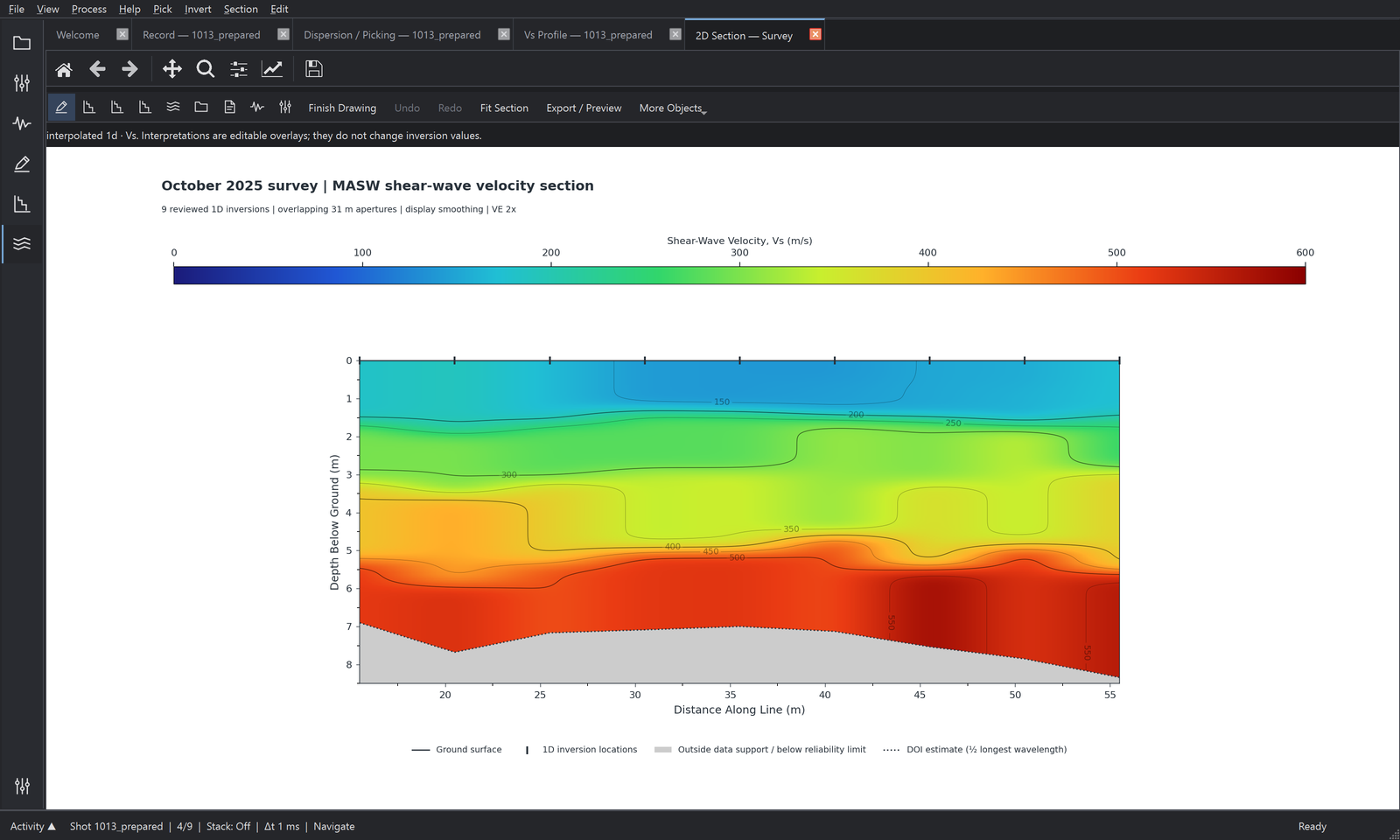 Nine measured-data shear-wave velocity profiles displayed as a section in dark-theme SeisSmith